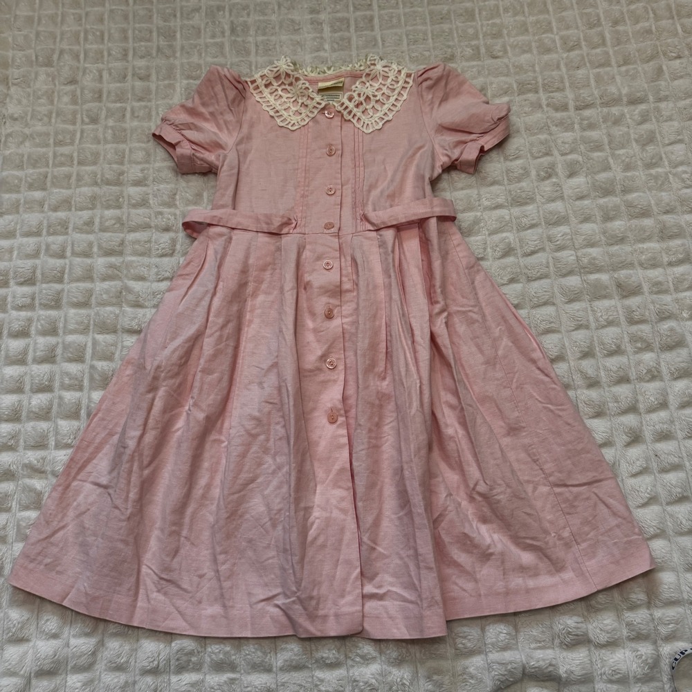 Vintage Laura Ashley Mother & Child 6 Pink Button Front Dress Lace Collar Linen